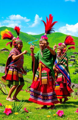 A vibrant and enchanting scene inspired by Mizo folklore, showcasing traditional Mizo warriors in colorful attire, intricately woven shawls and accessories