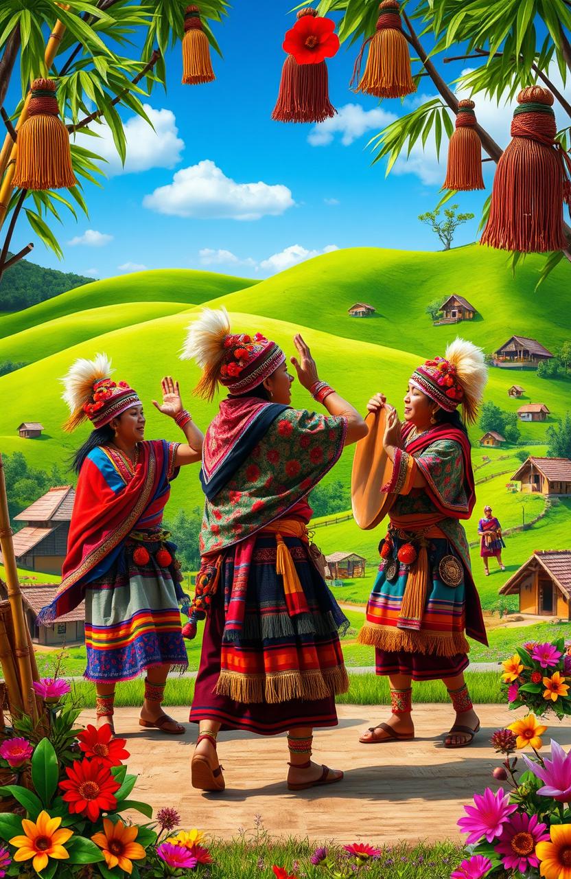 A vibrant and enchanting scene inspired by Mizo folklore, showcasing traditional Mizo warriors in colorful attire, intricately woven shawls and accessories