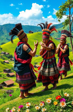 A vibrant and enchanting scene inspired by Mizo folklore, showcasing traditional Mizo warriors in colorful attire, intricately woven shawls and accessories