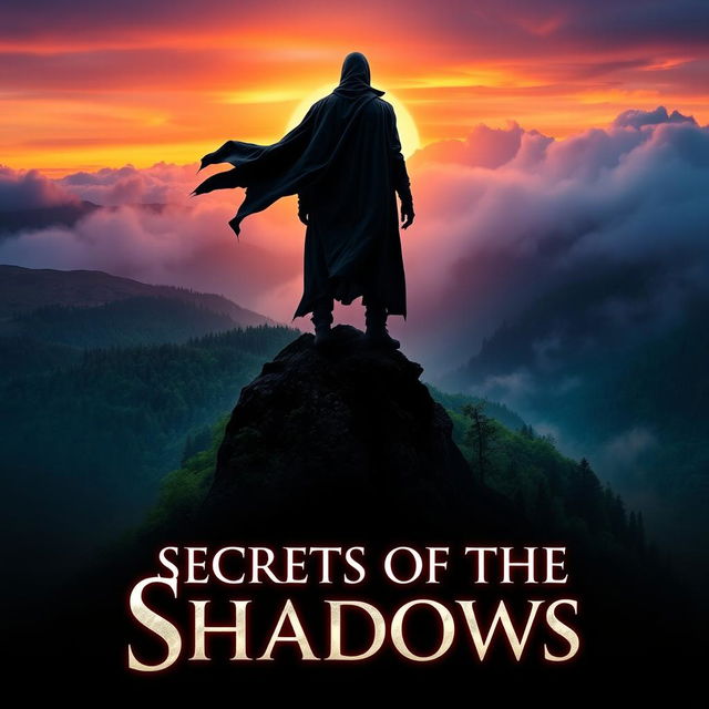 A visually striking movie poster featuring a mysterious figure standing on a foggy mountaintop at sunset