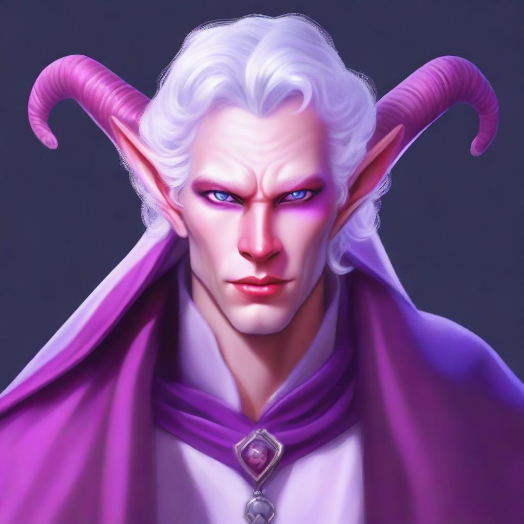 This high-quality digital art illustrates a tiefling with bright violet eyes and pale skin