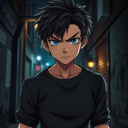 A realistic anime boy with an intense expression, embodying hot angst