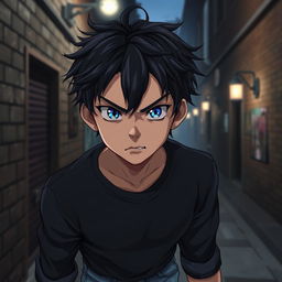 A realistic anime boy with an intense expression, embodying hot angst