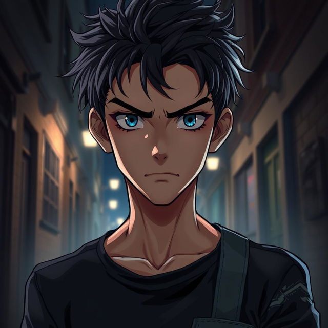 A realistic anime boy with an intense expression, embodying hot angst