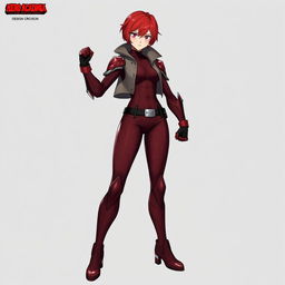 A heroic character design for an original My Hero Academia (MHA) female OC named 'Crimson', an 18-year-old third-year student at UA hero course