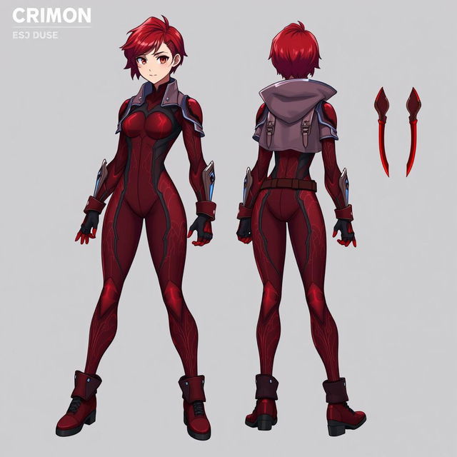 A heroic character design for an original My Hero Academia (MHA) female OC named 'Crimson', an 18-year-old third-year student at UA hero course