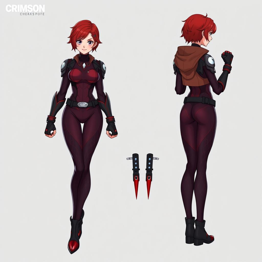 A heroic character design for an original My Hero Academia (MHA) female OC named 'Crimson', an 18-year-old third-year student at UA hero course