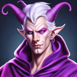 This high-quality digital art illustrates a tiefling with bright violet eyes and pale skin