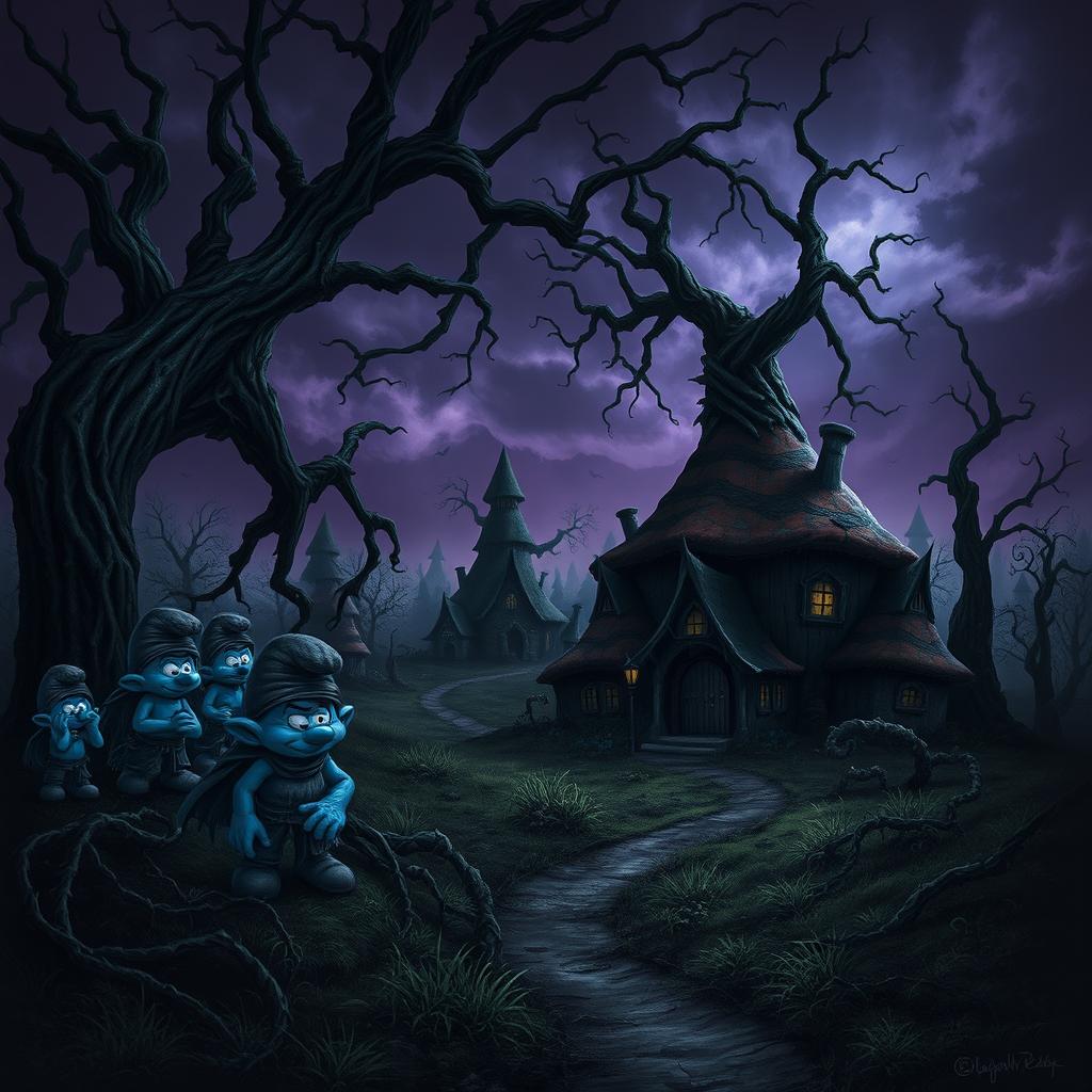 A dark and sinister interpretation of Smurf Village, with twisted trees and ominous shadows casting over the colorful mushroom houses