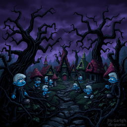 A dark and sinister interpretation of Smurf Village, with twisted trees and ominous shadows casting over the colorful mushroom houses