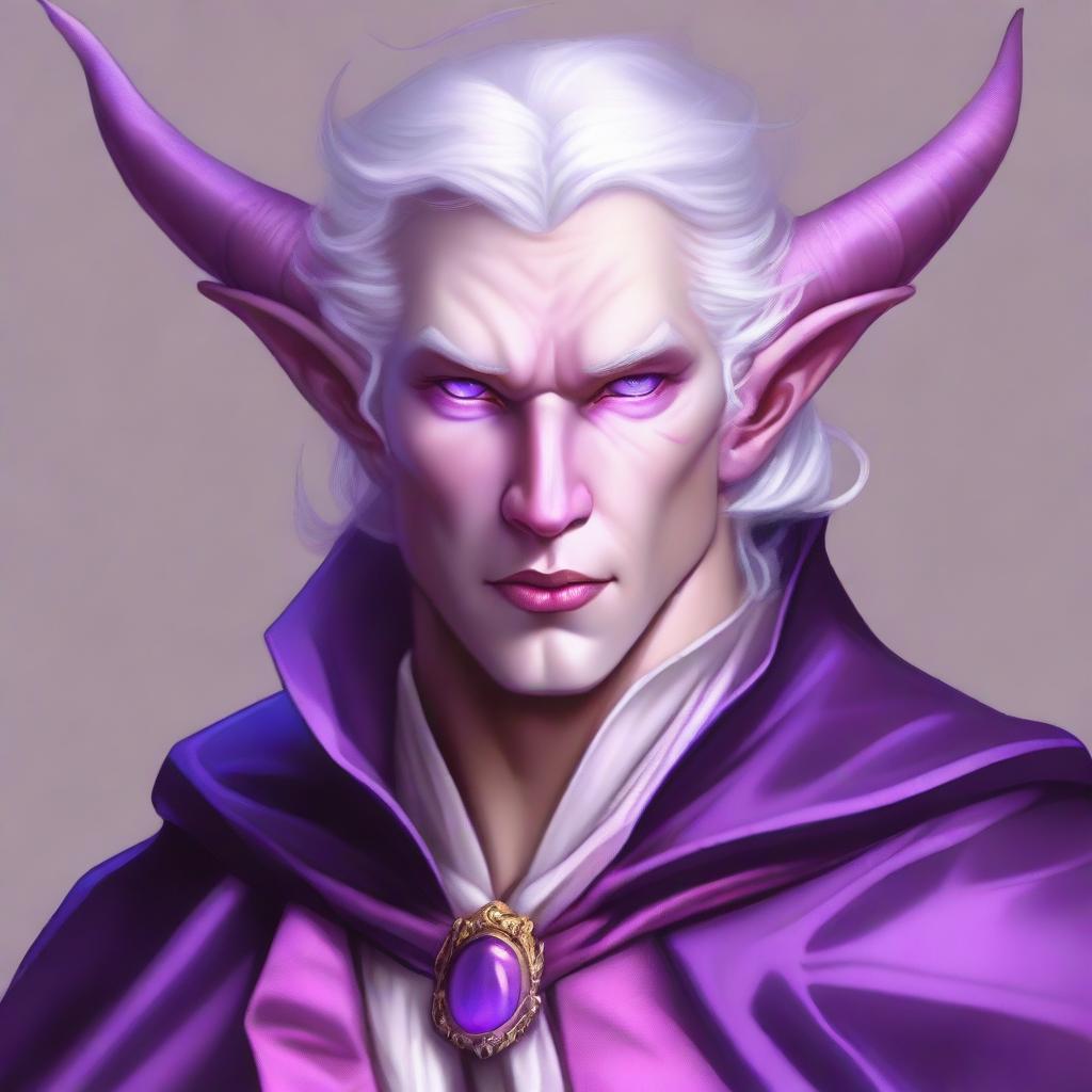 This high-quality digital art illustrates a tiefling with bright violet eyes and pale skin