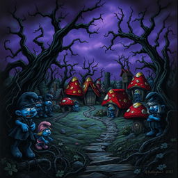 A dark and sinister interpretation of Smurf Village, with twisted trees and ominous shadows casting over the colorful mushroom houses