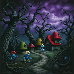 A dark and sinister interpretation of Smurf Village, with twisted trees and ominous shadows casting over the colorful mushroom houses