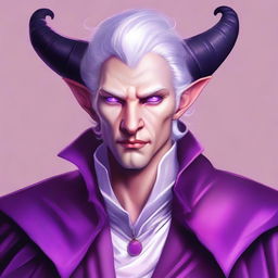 This high-quality digital art illustrates a tiefling with bright violet eyes and pale skin