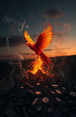 An ethereal landscape filled with wisps of smoke rising from a smoldering ground, symbolizing rebirth and transformation