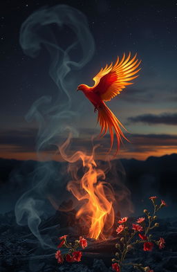 An ethereal landscape filled with wisps of smoke rising from a smoldering ground, symbolizing rebirth and transformation