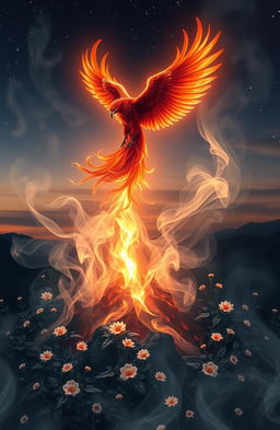 An ethereal landscape filled with wisps of smoke rising from a smoldering ground, symbolizing rebirth and transformation