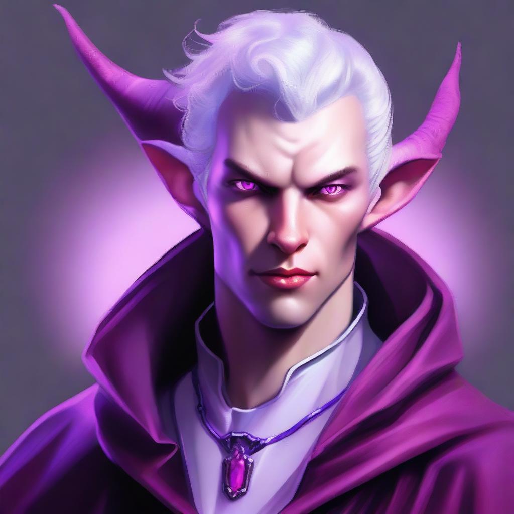 A high-definition digital art piece that portrays a tiefling in his 20s