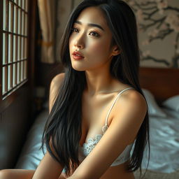 A sensual and intimate portrait of a beautiful young woman of Japanese descent, sitting in a serene bedroom environment
