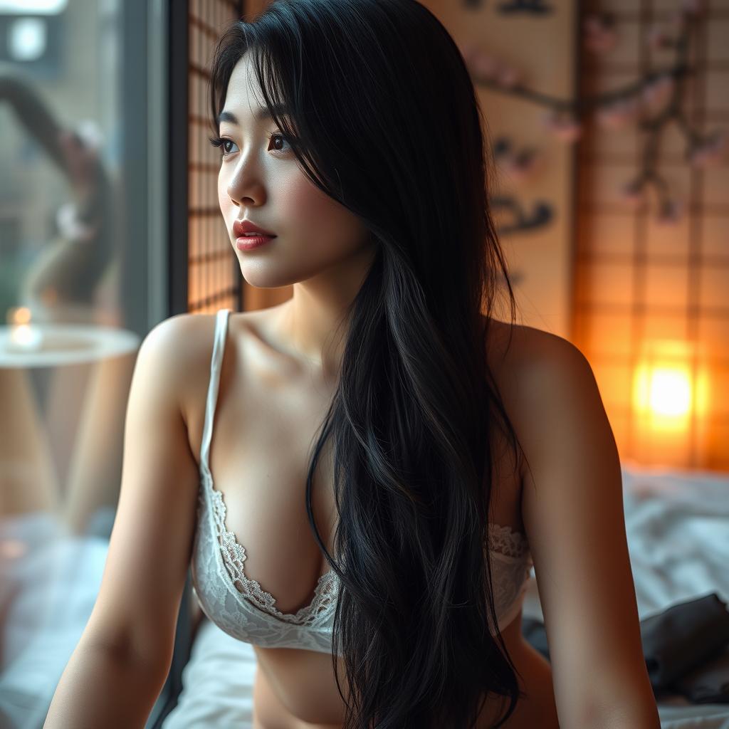 A sensual and intimate portrait of a beautiful young woman of Japanese descent, sitting in a serene bedroom environment