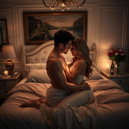 A romantic and intimate scene of a couple sharing a tender moment in a softly lit bedroom