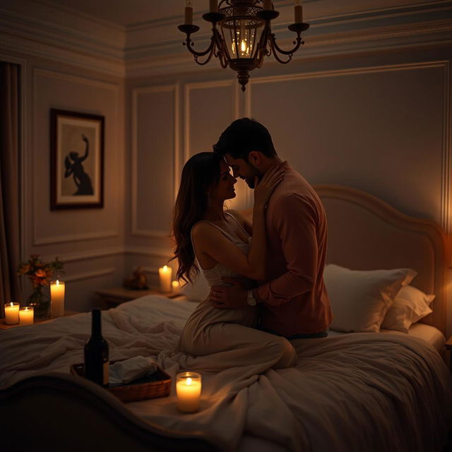 A romantic and intimate scene of a couple sharing a tender moment in a softly lit bedroom