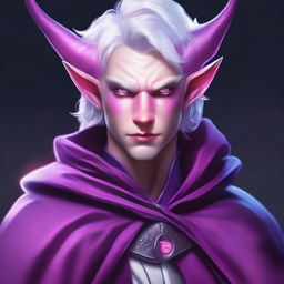 A high-definition digital art piece that portrays a tiefling in his 20s