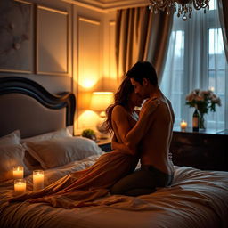 A romantic and intimate scene of a couple sharing a tender moment in a softly lit bedroom