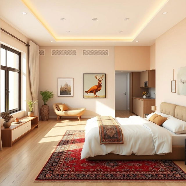 A 3D rendering of a simple, modern Iranian house featuring a cozy bedroom, with an area of approximately 100 square meters
