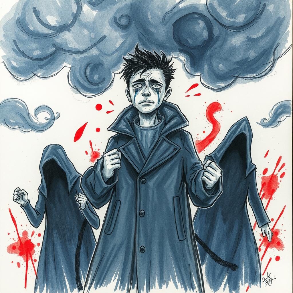 A poignant, expressive drawing that captures the complex emotions of anger, sadness, and despair from the story of the coat