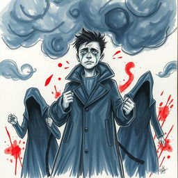 A poignant, expressive drawing that captures the complex emotions of anger, sadness, and despair from the story of the coat