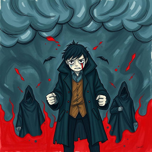 A poignant, expressive drawing that captures the complex emotions of anger, sadness, and despair from the story of the coat