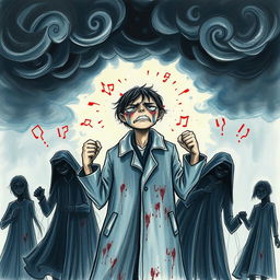 A poignant, expressive drawing that captures the complex emotions of anger, sadness, and despair from the story of the coat