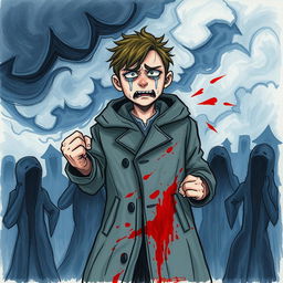 A poignant, expressive drawing that captures the complex emotions of anger, sadness, and despair from the story of the coat