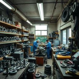An inside view of a bustling Syrian mechanical workshop specializing in ball bearings, showcasing various mechanical tools and equipment scattered around, mechanics in blue coveralls working diligently on machinery, with shelves full of different types of ball bearings, bright fluorescent lights illuminating the space, a workbench cluttered with mechanical parts, a window showing a glimpse of the street outside