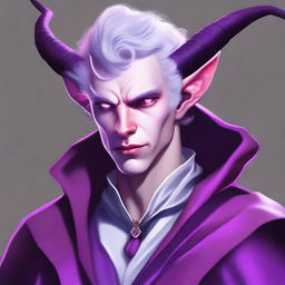 A high-definition digital art piece that portrays a tiefling in his 20s