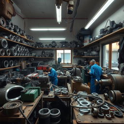 An inside view of a bustling Syrian mechanical workshop specializing in ball bearings, showcasing various mechanical tools and equipment scattered around, mechanics in blue coveralls working diligently on machinery, with shelves full of different types of ball bearings, bright fluorescent lights illuminating the space, a workbench cluttered with mechanical parts, a window showing a glimpse of the street outside