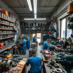 An inside view of a bustling Syrian mechanical workshop specializing in ball bearings, showcasing various mechanical tools and equipment scattered around, mechanics in blue coveralls working diligently on machinery, with shelves full of different types of ball bearings, bright fluorescent lights illuminating the space, a workbench cluttered with mechanical parts, a window showing a glimpse of the street outside