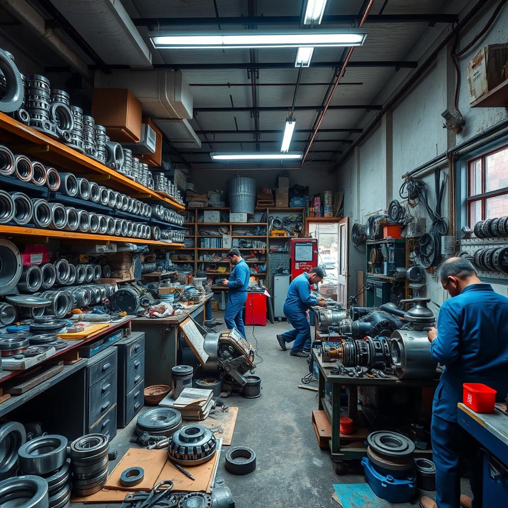 An inside view of a bustling Syrian mechanical workshop specializing in ball bearings, showcasing various mechanical tools and equipment scattered around, mechanics in blue coveralls working diligently on machinery, with shelves full of different types of ball bearings, bright fluorescent lights illuminating the space, a workbench cluttered with mechanical parts, a window showing a glimpse of the street outside