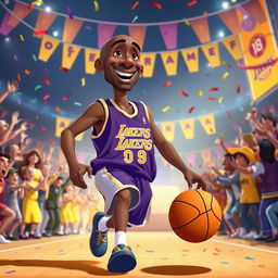 A cartoonish and heartwarming depiction of Kobe Bryant in an animated Disney-style movie scene, celebrating his last game with a whimsical atmosphere