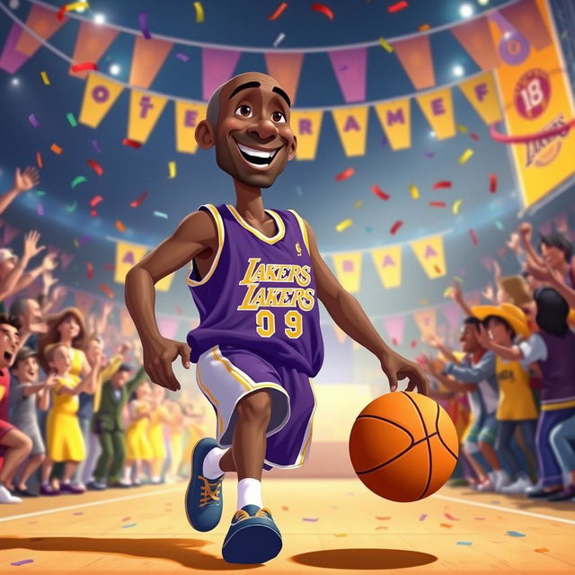 A cartoonish and heartwarming depiction of Kobe Bryant in an animated Disney-style movie scene, celebrating his last game with a whimsical atmosphere