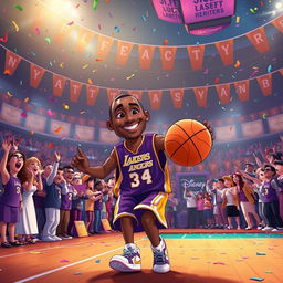 A cartoonish and heartwarming depiction of Kobe Bryant in an animated Disney-style movie scene, celebrating his last game with a whimsical atmosphere