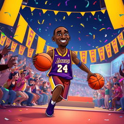 A cartoonish and heartwarming depiction of Kobe Bryant in an animated Disney-style movie scene, celebrating his last game with a whimsical atmosphere