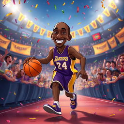 A cartoonish and heartwarming depiction of Kobe Bryant in an animated Disney-style movie scene, celebrating his last game with a whimsical atmosphere