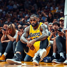 A dramatic and emotive scene showing LeBron James sitting on the sidelines during a basketball game, visibly concerned with a slight grimace on his face, wearing his Los Angeles Lakers uniform