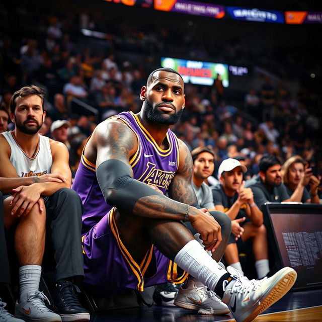 A dramatic and emotive scene showing LeBron James sitting on the sidelines during a basketball game, visibly concerned with a slight grimace on his face, wearing his Los Angeles Lakers uniform