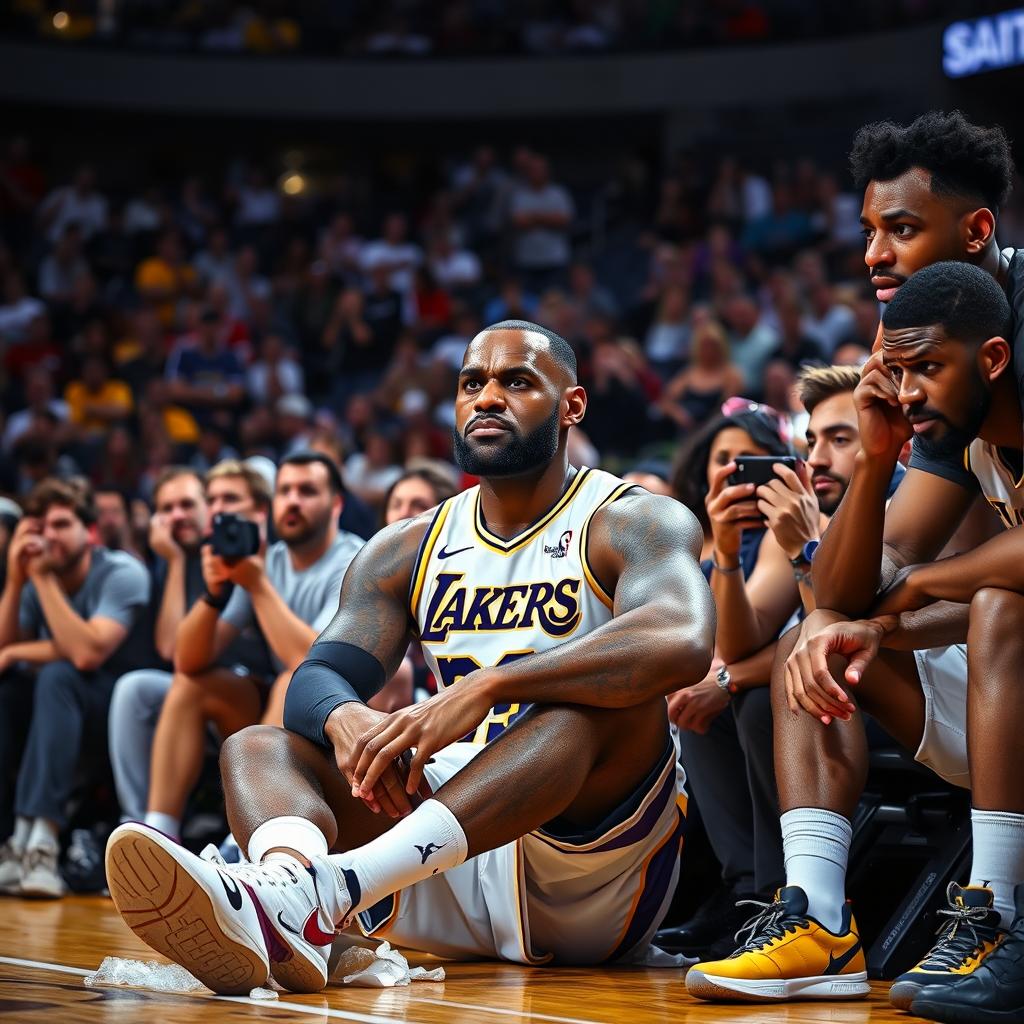 A dramatic and emotive scene showing LeBron James sitting on the sidelines during a basketball game, visibly concerned with a slight grimace on his face, wearing his Los Angeles Lakers uniform