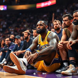 A dramatic and emotive scene showing LeBron James sitting on the sidelines during a basketball game, visibly concerned with a slight grimace on his face, wearing his Los Angeles Lakers uniform