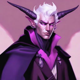 A high-quality digital art piece showcasing a tiefling in his 20s