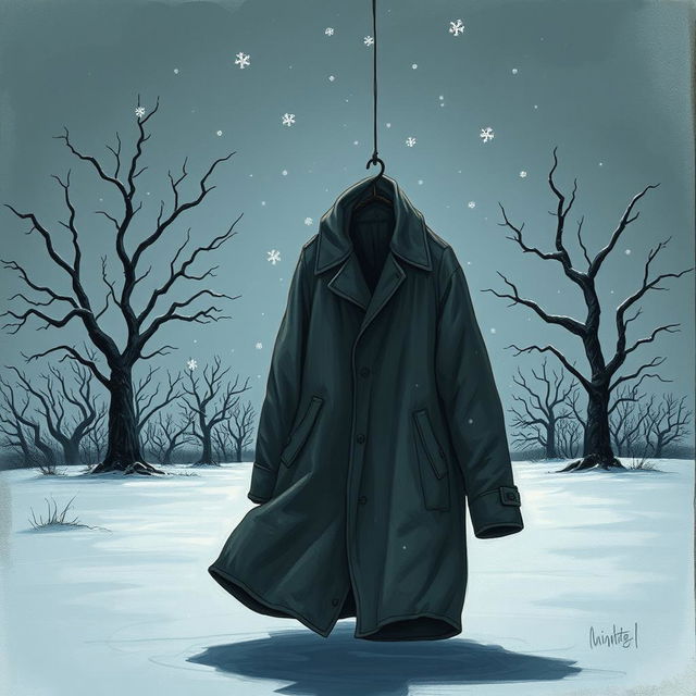 A haunting drawing that conveys the feelings of sadness, despair, and the cold of winter from the story of the coat, while deliberately avoiding the depiction of a face